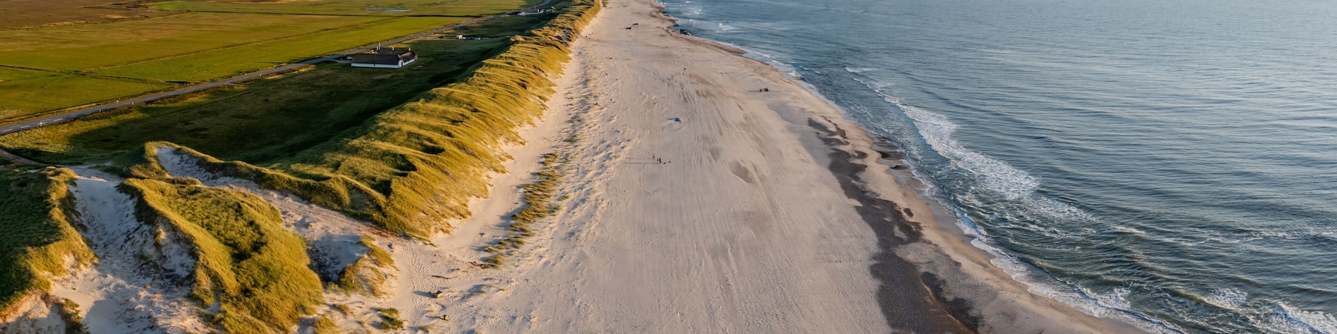 A coastal landscape with a sandy beach, grassy dunes, and a body of water.