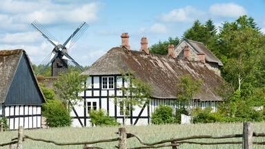 Altes Bauerndorf mit Häusern und Mühle, Jütland, Dänemark