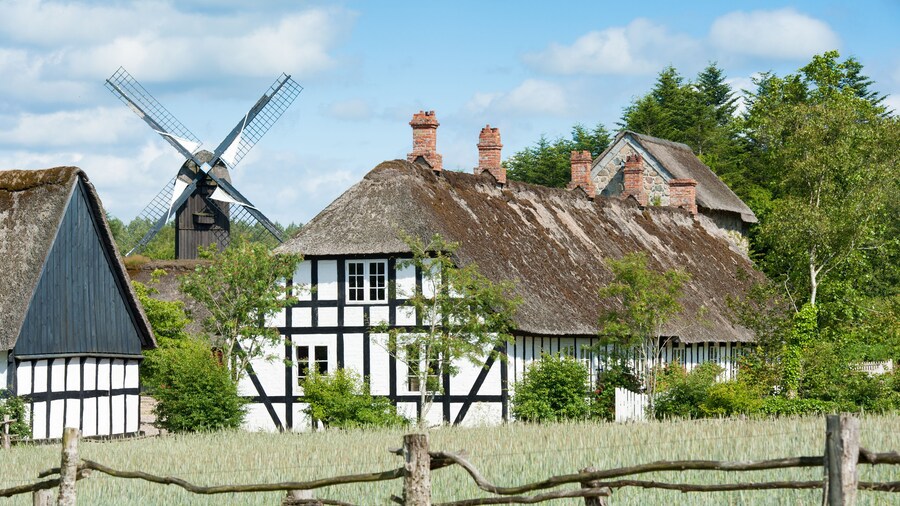 Altes Bauerndorf mit Häusern und Mühle, Jütland, Dänemark