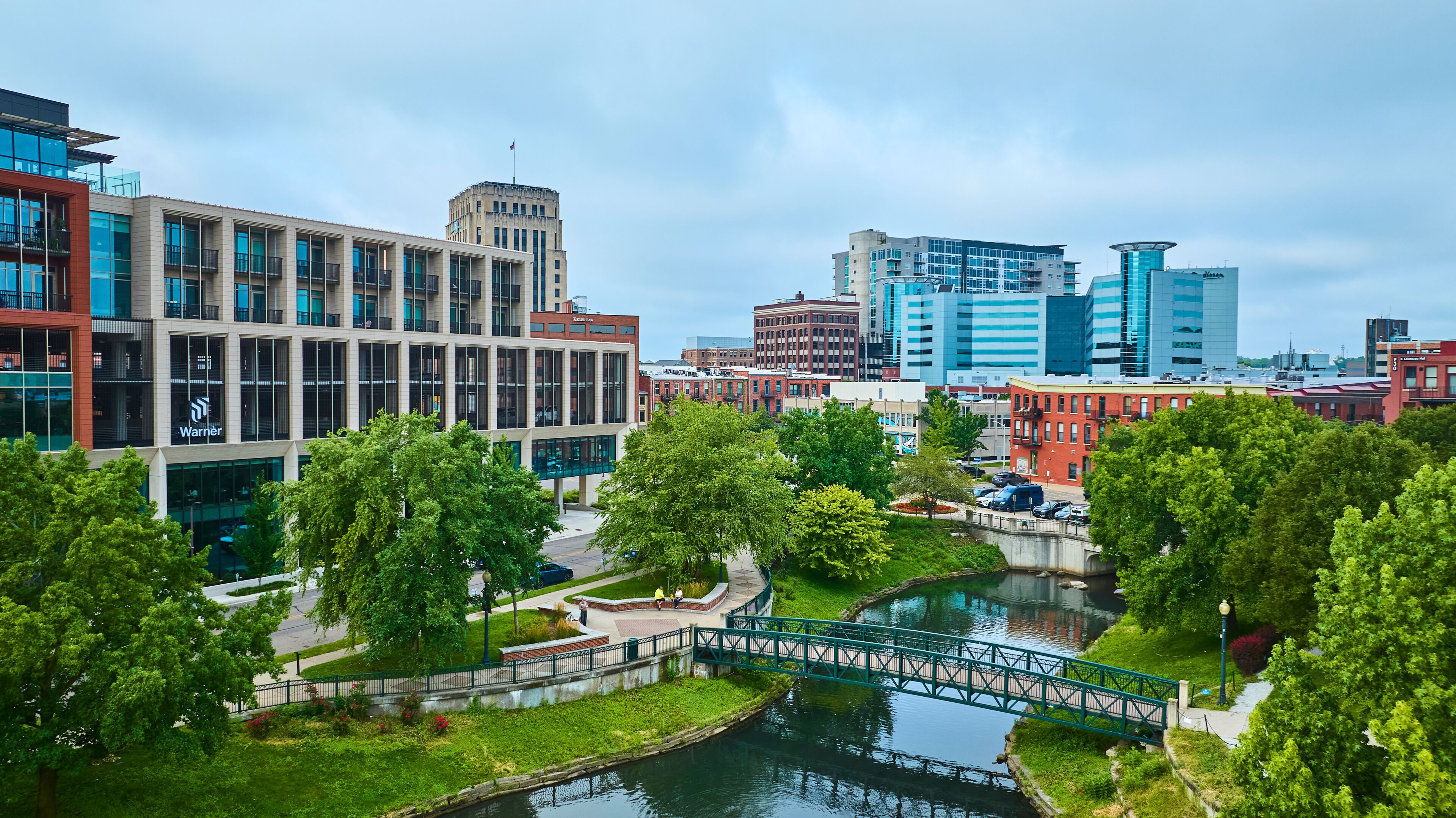 Aerial View of Kalamazoo's Modern and Historic Downtown with Arcadia Creek