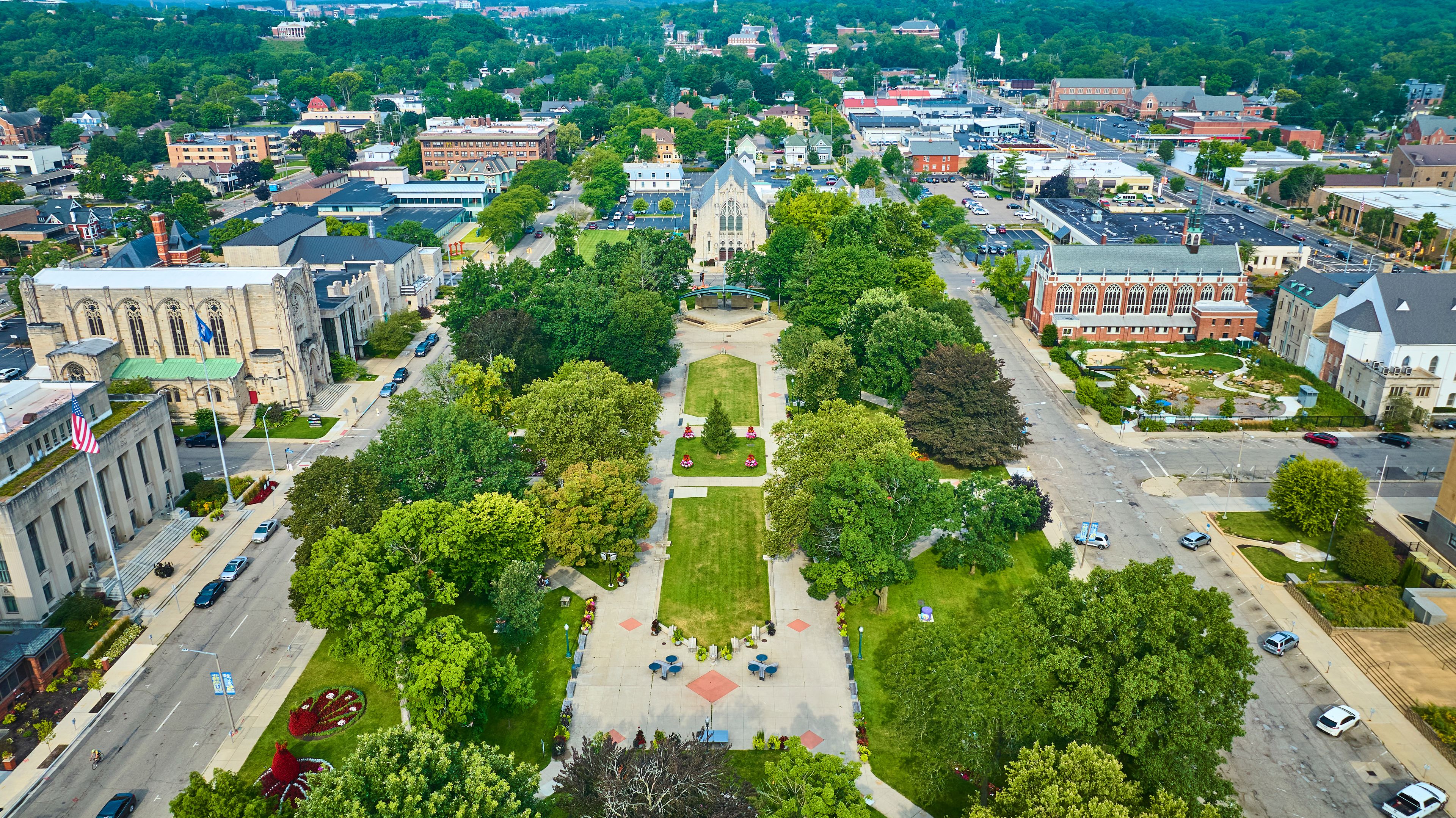 Aerial View of Bronson Park, Historic Buildings, Downtown Kalamazoo