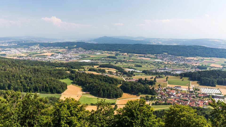 A panoramic view of a town nestled in a valley with surrounding forests and fields.
