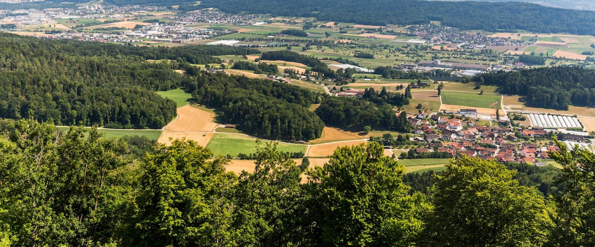 A panoramic view of a town nestled in a valley with surrounding forests and fields.