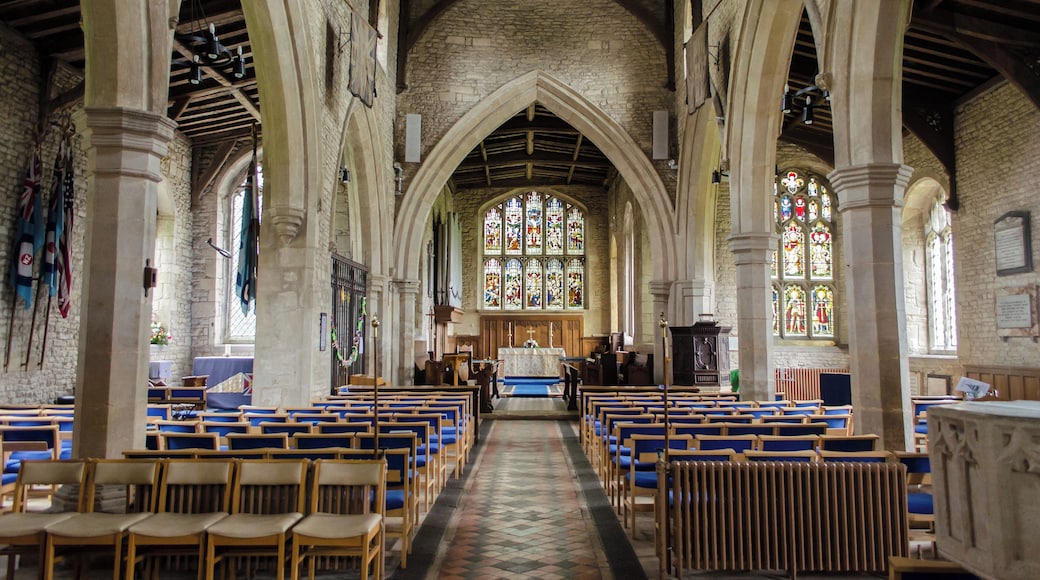 Grade II*listed The church dates from the 12th century onwards. There is a western tower with spire, nave with aisles and clerestory, chancel, vestry, and south porch. The tower dates from the late 13th century and is topped with a broach spire with lucarnes. It is 99 feet tall. A ring of six bells dates from 1598. The nave has three bays to the north and four to the south, and dates from the 14th century. The clerestory was added later, the line of the old roof being visible inside. The chancel is probably older but with perpendicular windows, the east window has stained-glass from circa 1890. The south porch was built in 1851 and originally had a priest's room over. The south door is Norman with zigzag patterning. There is a font with a base from circa 1200 and a later octagonal bowl. Originally there was a gallery and organ at the west end of the nave, but these were removed in 1866. The east part of the north aisle has been sectioned off as an RAF Memorial Chapel. It was dedicated in 1949. There are plans to create a meeting room in the north-west corner of the church.