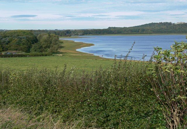 A coastal landscape with a sandy beach, grassy fields, and a calm body of water.