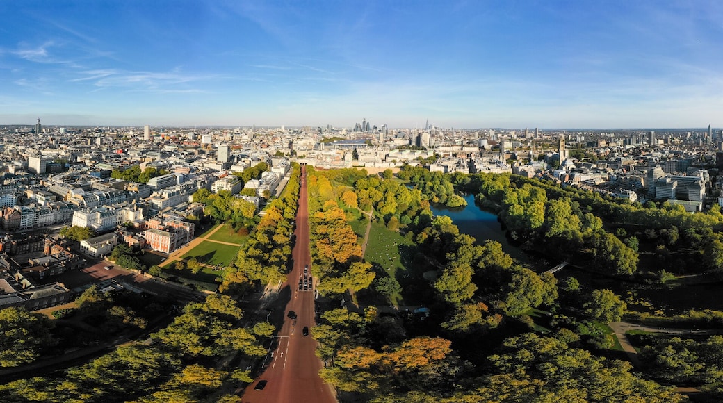 Aerial London City Skyline Wide 360 Degree Panorama View in Central London around Buckingham Palace feat. St James's Park and The Mall in Westminster, England, United Kingdom