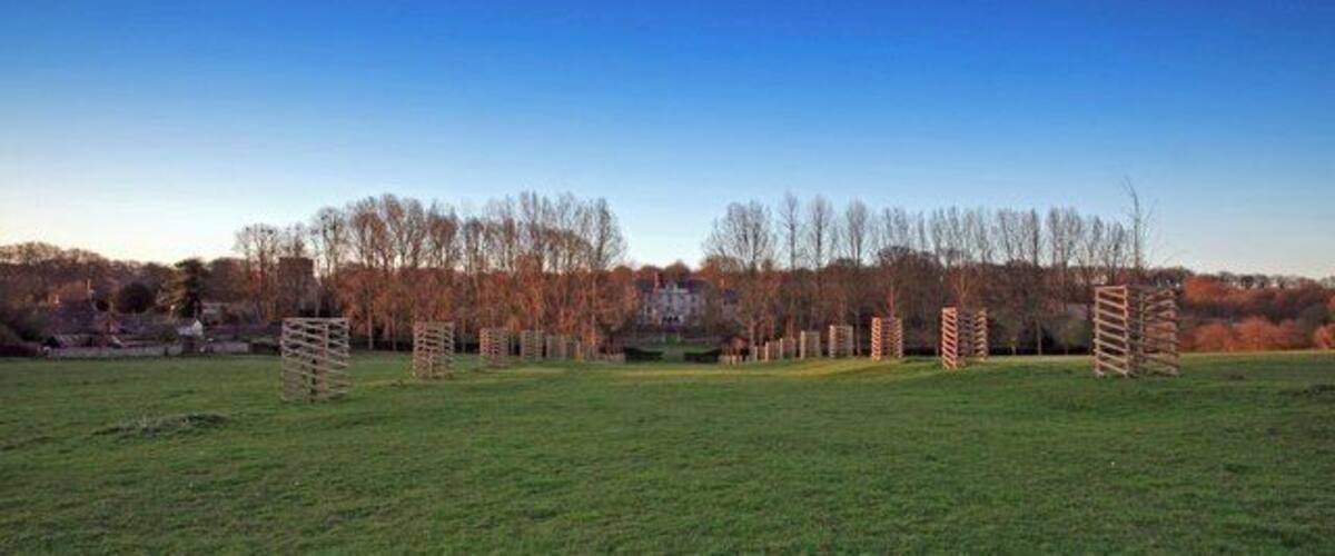 A grassy field with wooden structures and leafless trees in the background.