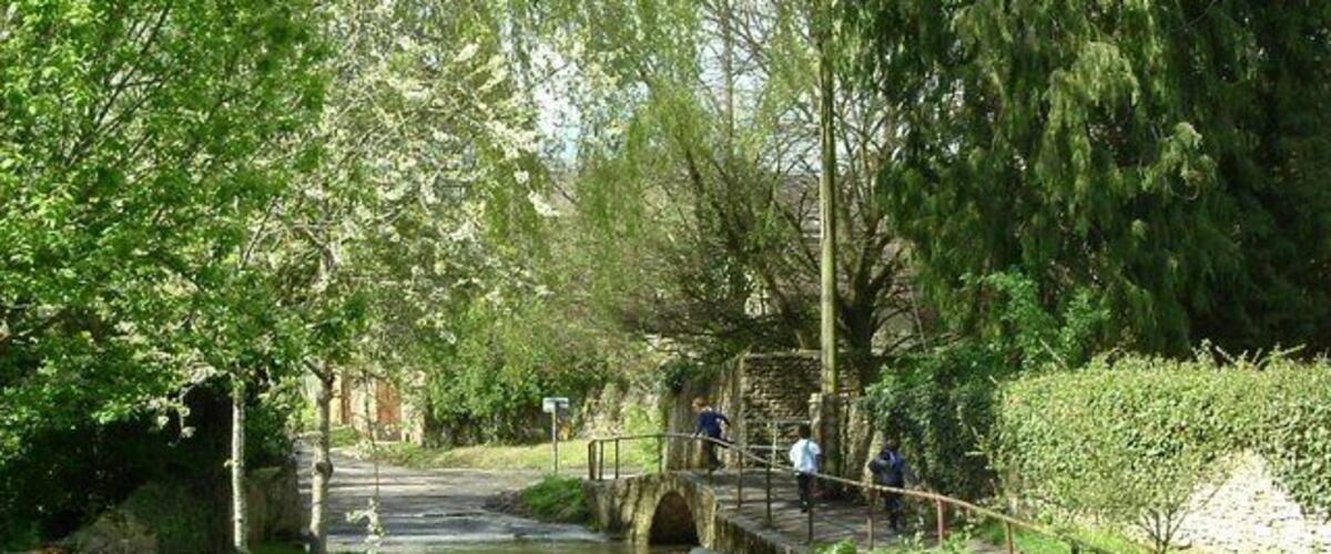 A narrow waterway with a stone bridge, surrounded by lush greenery and trees.