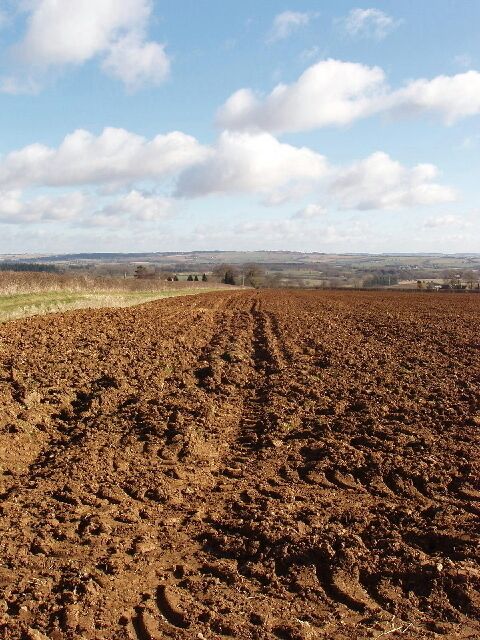 Ploughed field near Fifield. Recently ploughed and still to be harrowed and raked for spring sowing. View east from bridleway near the Merrymouth Inn. The track goes to Fifield, and the fields in the distance are around Bruern Abbey.