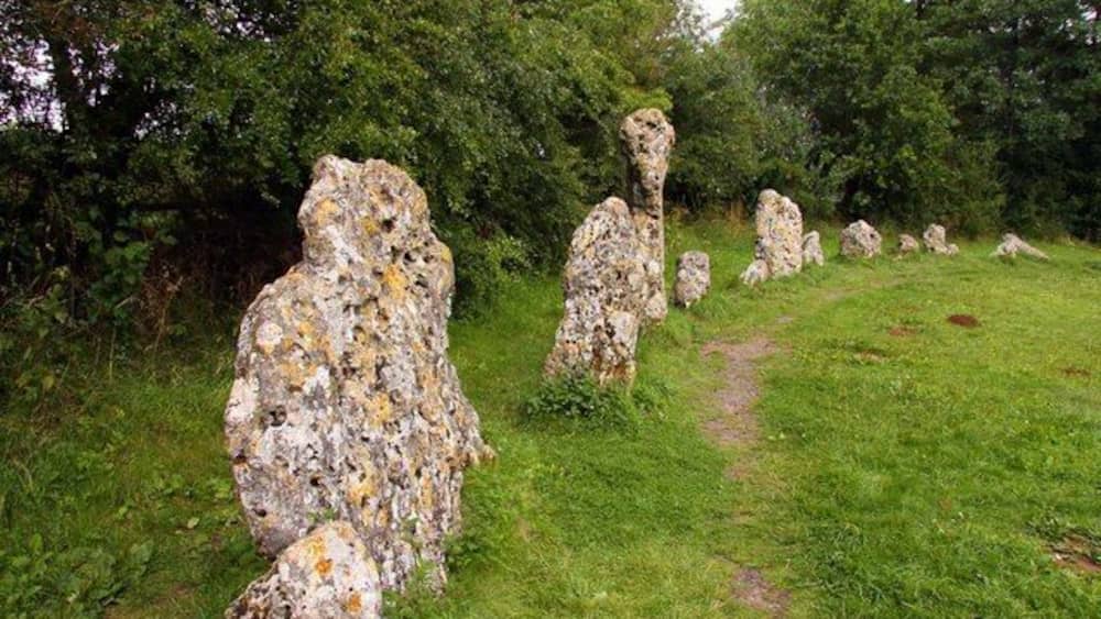 A path lined with large, irregularly shaped rocks.