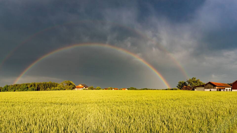 A field with a rainbow, a farmhouse, and a barn.