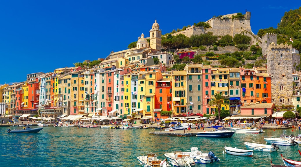 Un pueblo costero con edificios coloridos, un castillo y numerosos barcos amarrados a lo largo de la orilla.