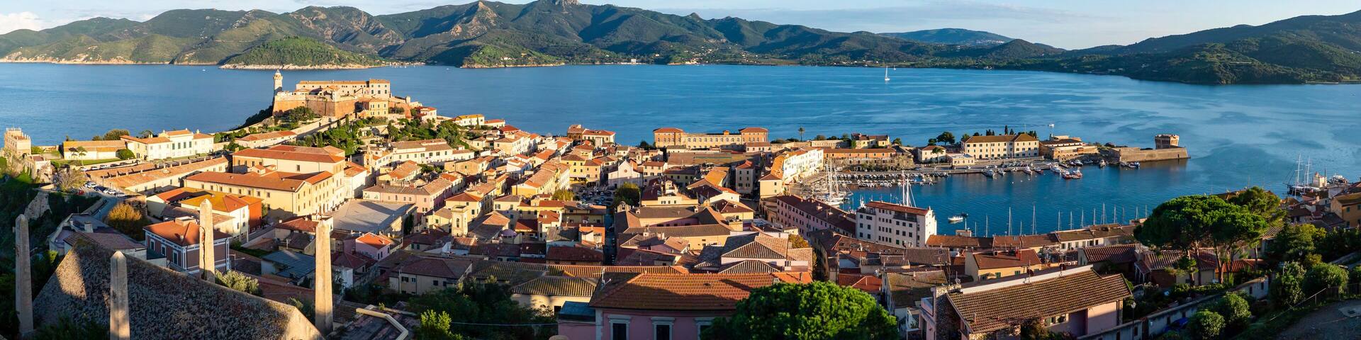 View of Portoferraio town on Elba Island at sunset
