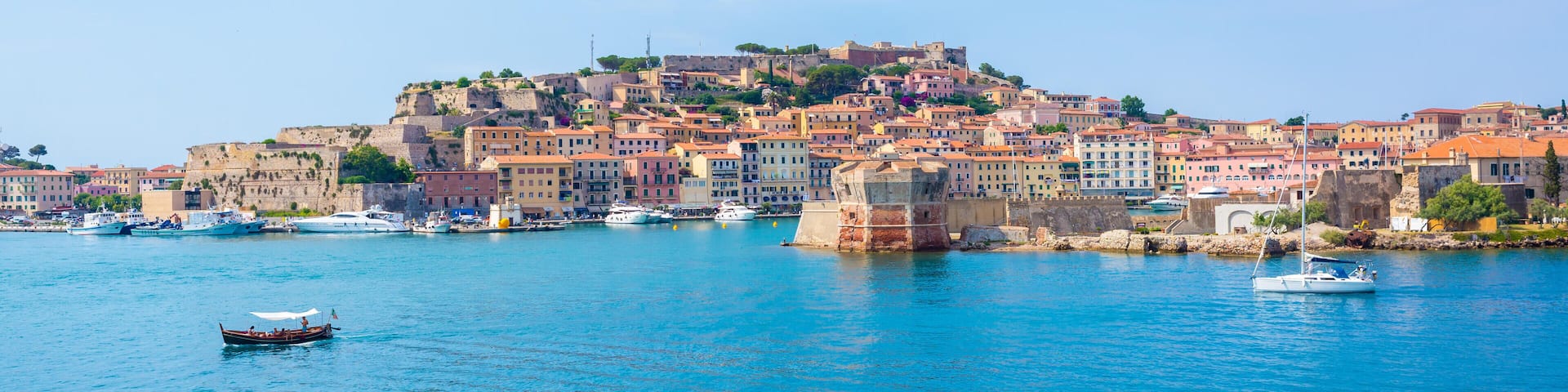 PCK44F Portoferraio medieval town and harbour viewed from the sea, Elba island, Tuscany, Italy