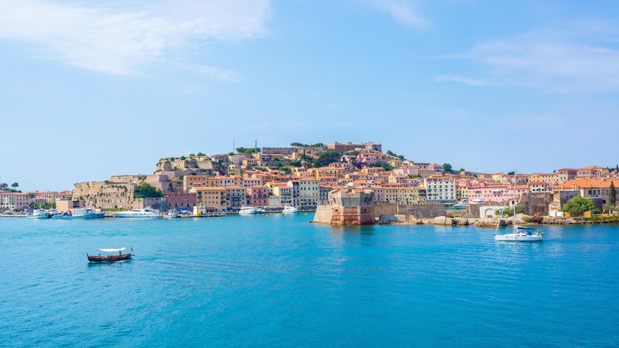 PCK44F Portoferraio medieval town and harbour viewed from the sea, Elba island, Tuscany, Italy