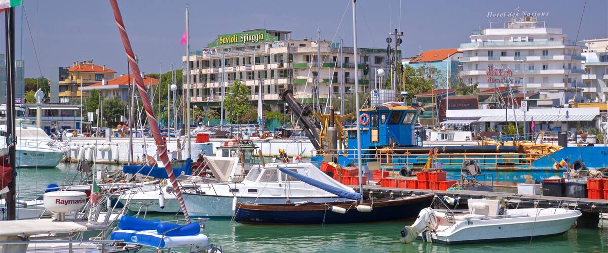 A marina with various boats docked, a building with 'Savioli Spiaggia' sign, and a hotel named 'Hotel des Nations' in the background.