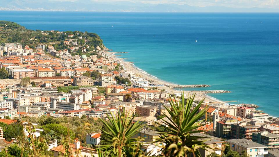 A coastal city with a beach, buildings, and a mountainous backdrop.