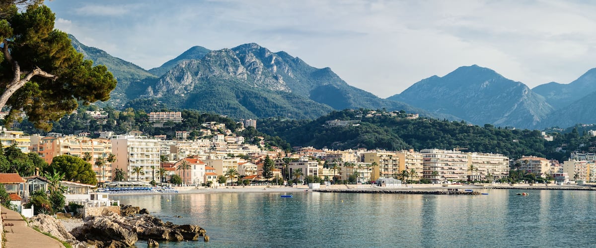 Panorama view of the coast of the Ligurian Sea. Menton, French Riviera, France.