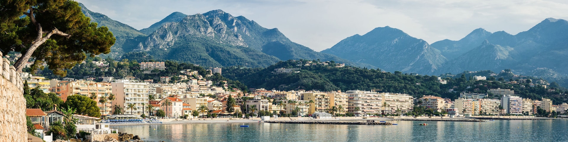 Panorama view of the coast of the Ligurian Sea. Menton, French Riviera, France.