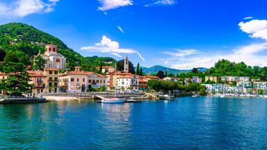 Picturesque lake Lago Maggiore. beautiful Laveno Mombello town. north of Italy