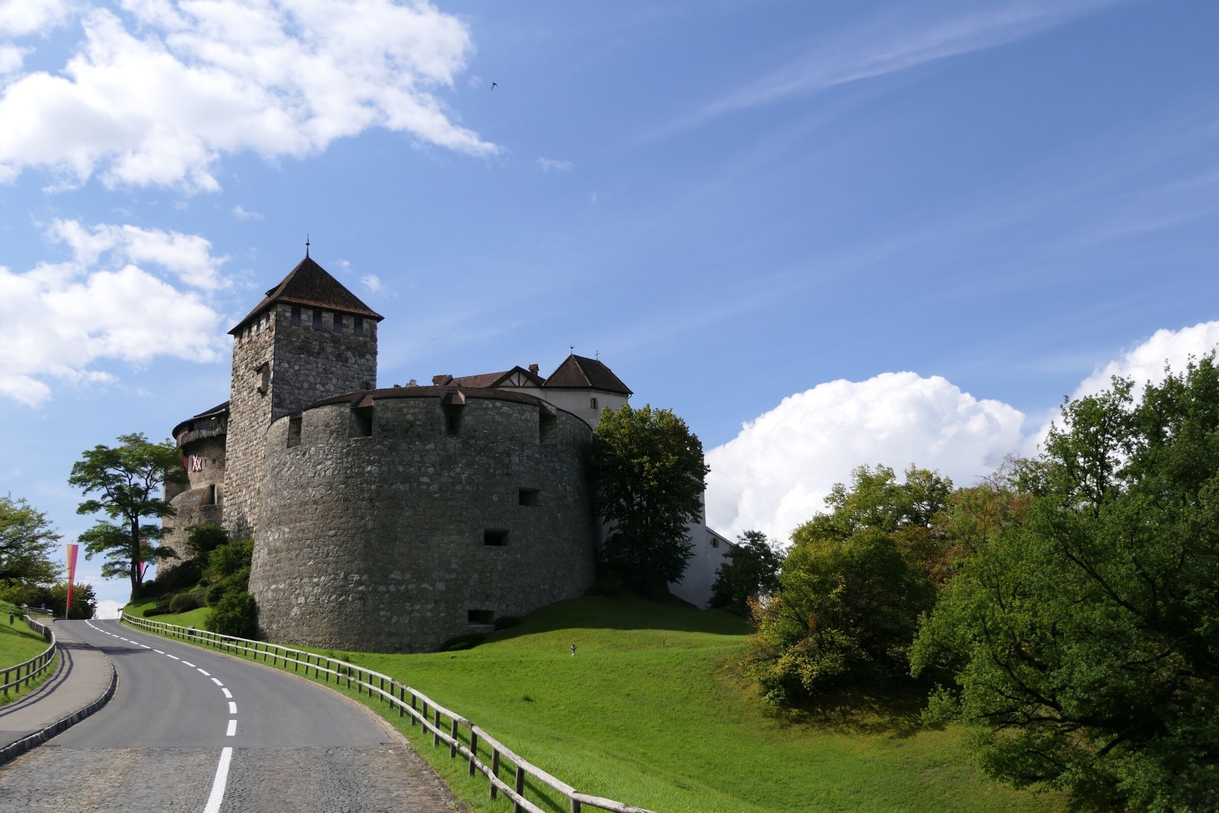A stone castle with a tower, surrounded by a grassy hill and trees.