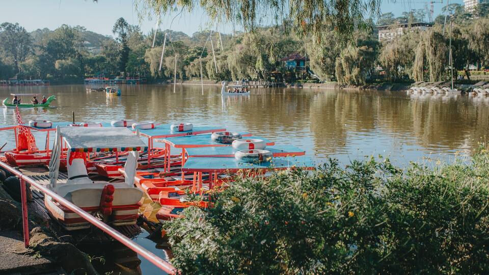 Colorful Rowboats Docked at Burnham Park Lake in Baguio City, Philippines