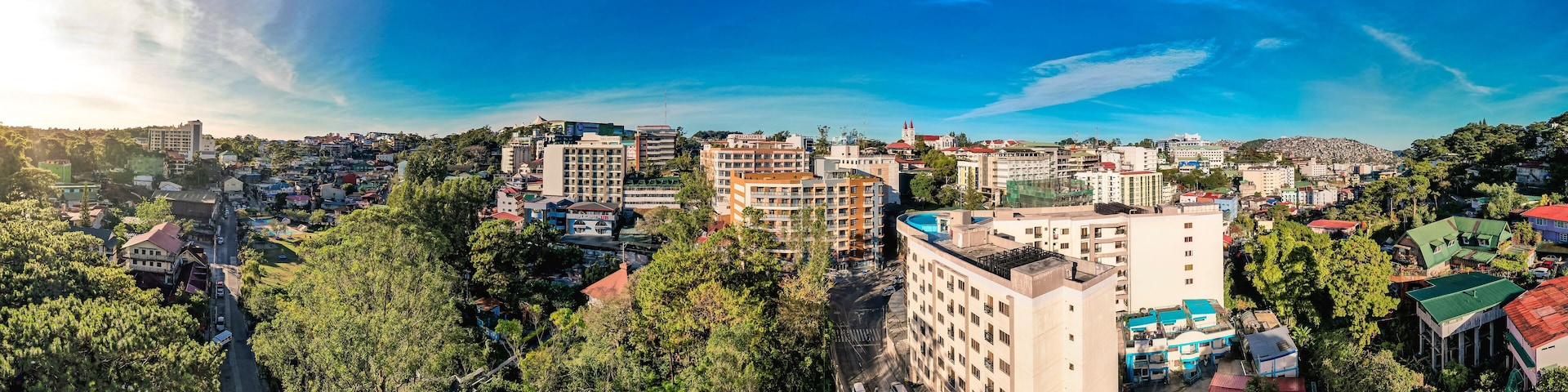 A cityscape with a mix of residential and commercial buildings, surrounded by lush greenery and a clear blue sky.