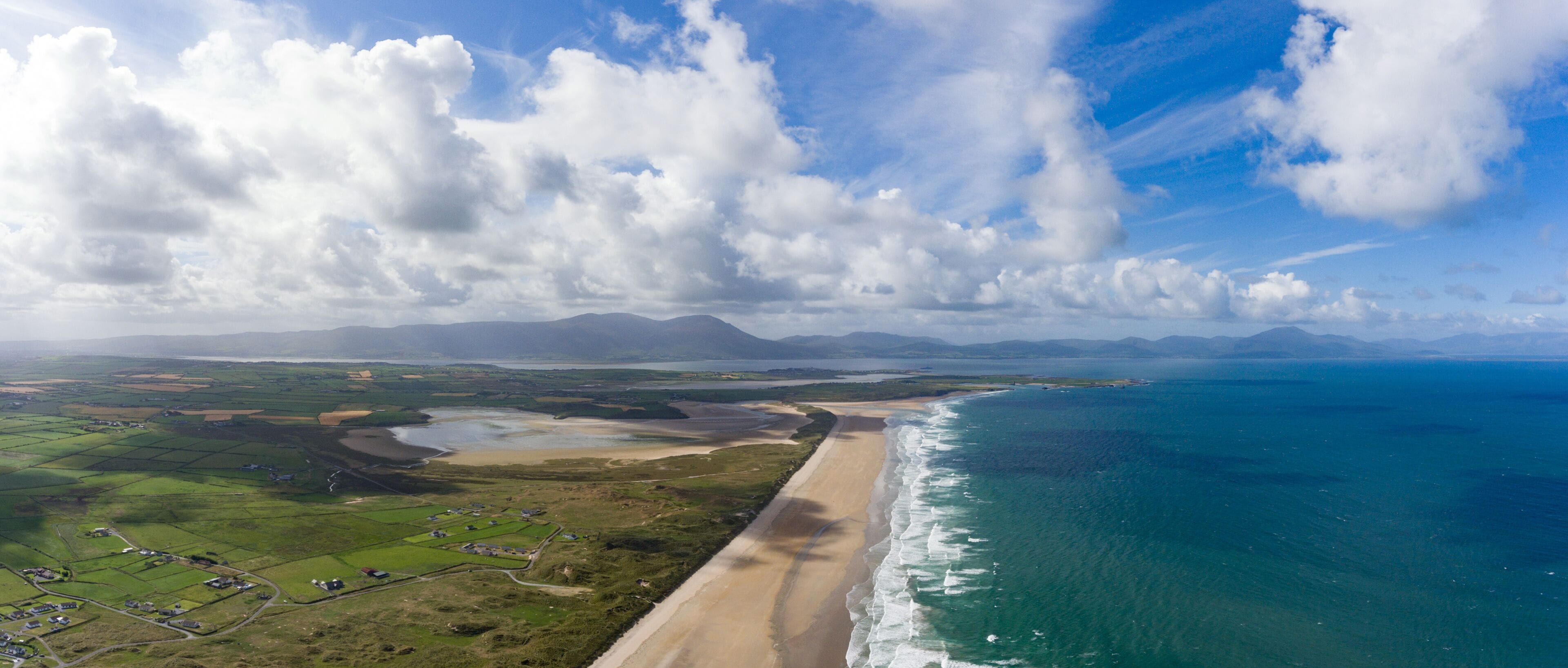 Panoramic aerial view of Banna beach on the west coast of county Kerry in the Republic of Ireland