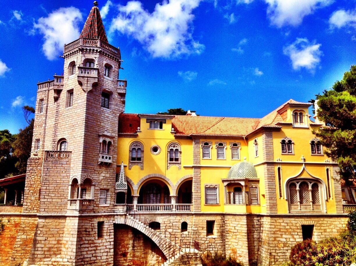 The Palace of the Counts of Castro Guimaraes was once a medieval summer home with a small cove  fronting the palace. At high tide the water and waves will reach the base of the building. One of the many Royal Chateaus in the Cascais area.
