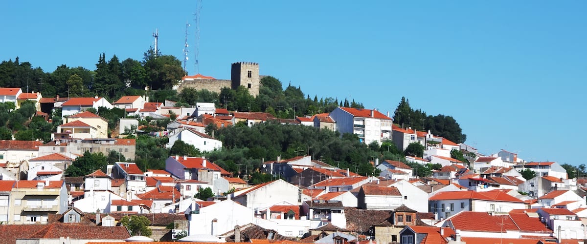A hillside town with red-roofed houses, a prominent tower, and a castle-like structure.