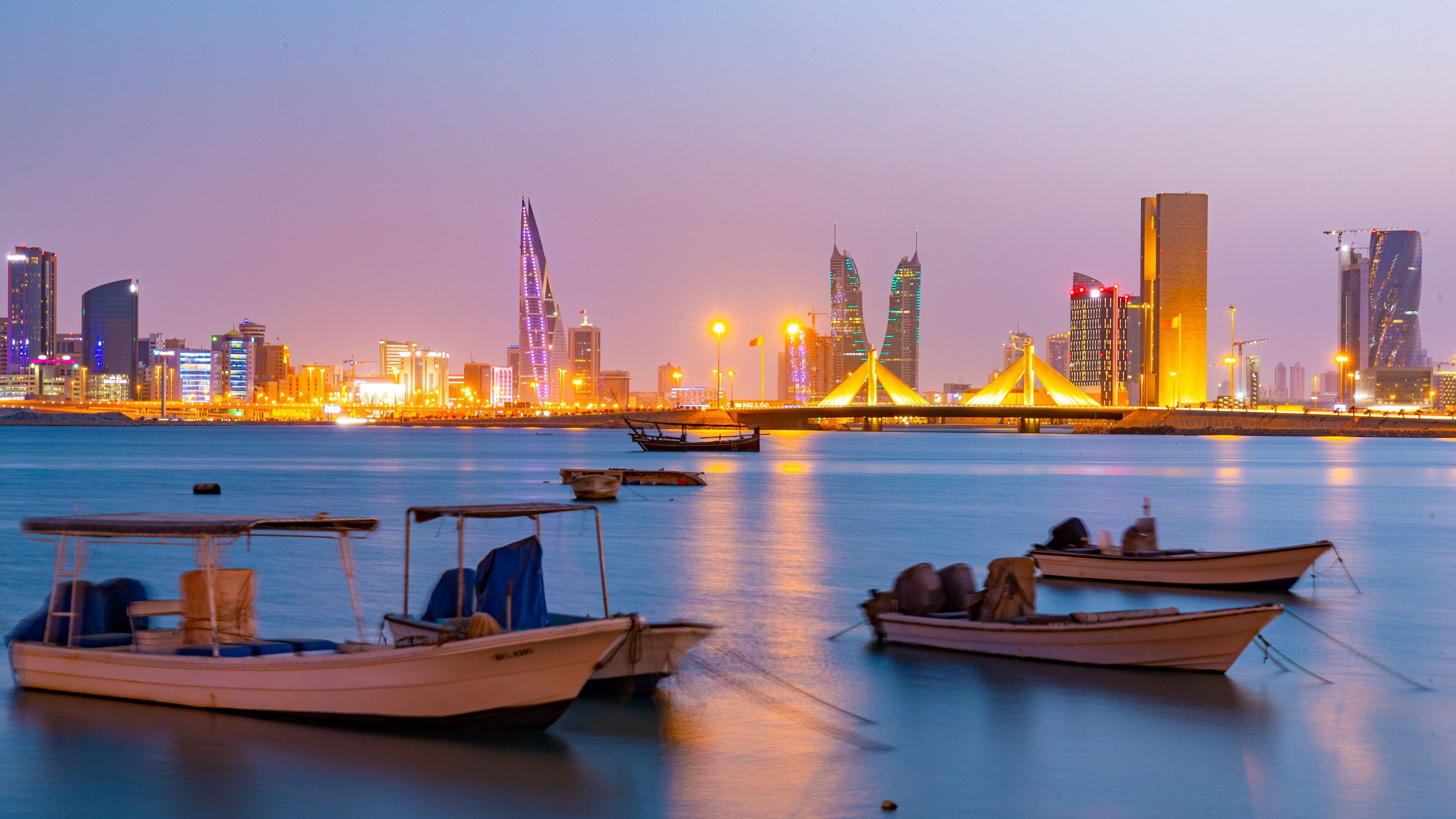 Manama showing a city, a bay or harbor and night scenes