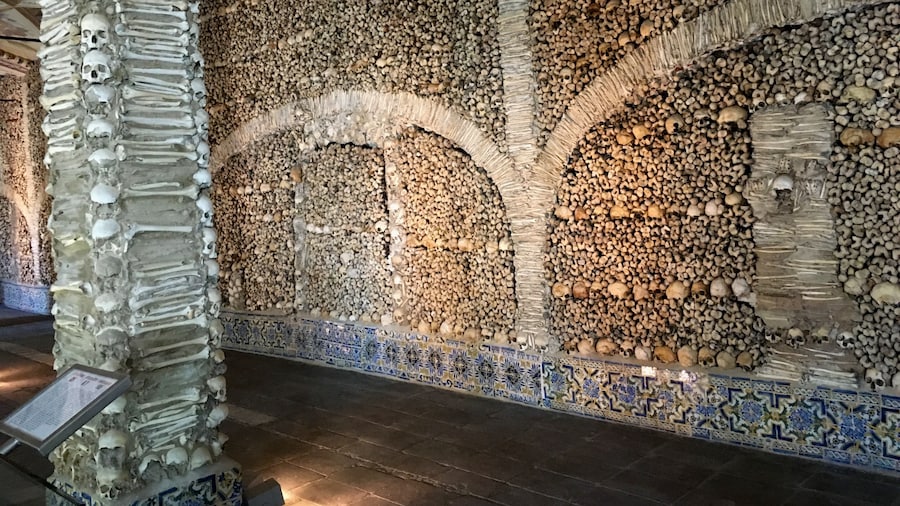 The Capela dos Ossos is one of the best known monuments in Ăvora, Portugal. It is a small interior chapel located next to the entrance of the Church of St. Francis.