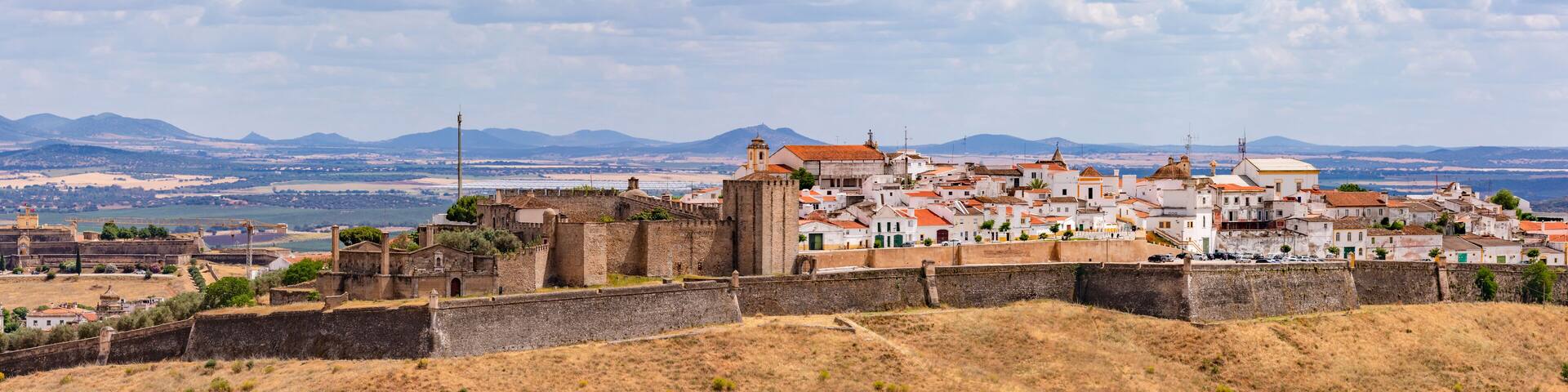 Panorama of the castle fortress and ramparts of the historic town of Elvas, Alentejo, southeastern Portugal