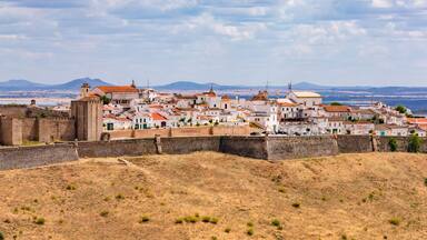 Panorama of the castle fortress and ramparts of the historic town of Elvas, Alentejo, southeastern Portugal
