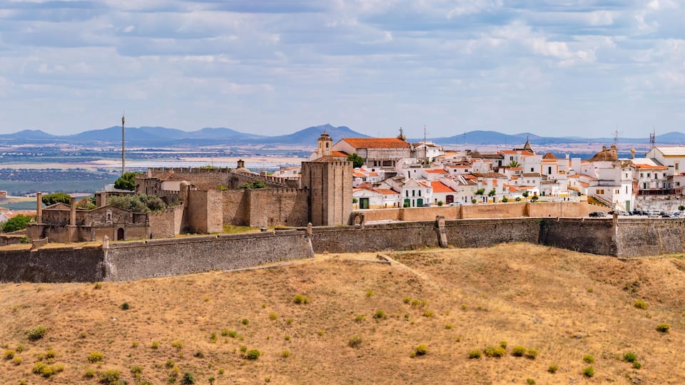 A historic town with a fortified wall, white buildings with red roofs, and a mountainous backdrop.