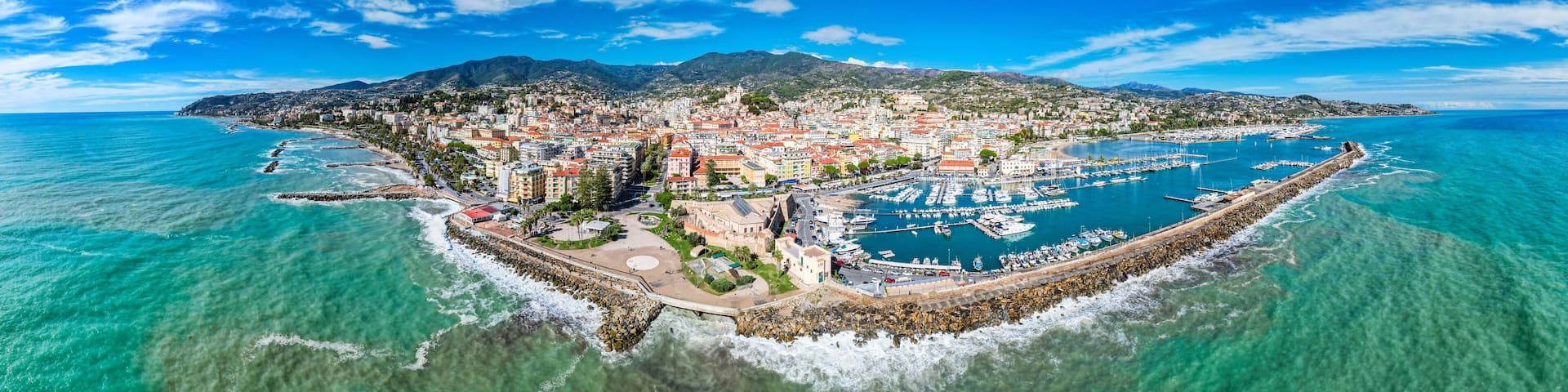 Sanremo, Italy - Aerial view of the beautiful Mediterranean costal village and its marine and beaches