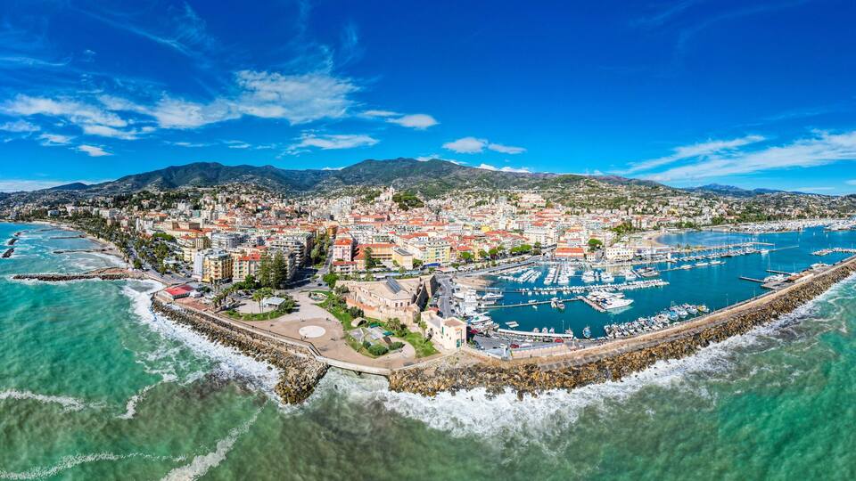 Sanremo, Italy - Aerial view of the beautiful Mediterranean costal village and its marine and beaches