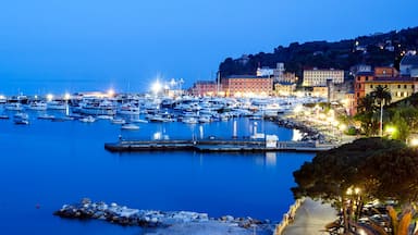A marina at dusk with numerous boats docked, a rocky shoreline, and buildings along the coast.