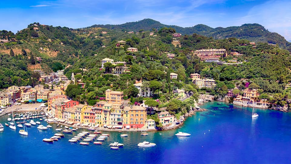 A coastal town with colorful buildings, a marina, and lush green hills.