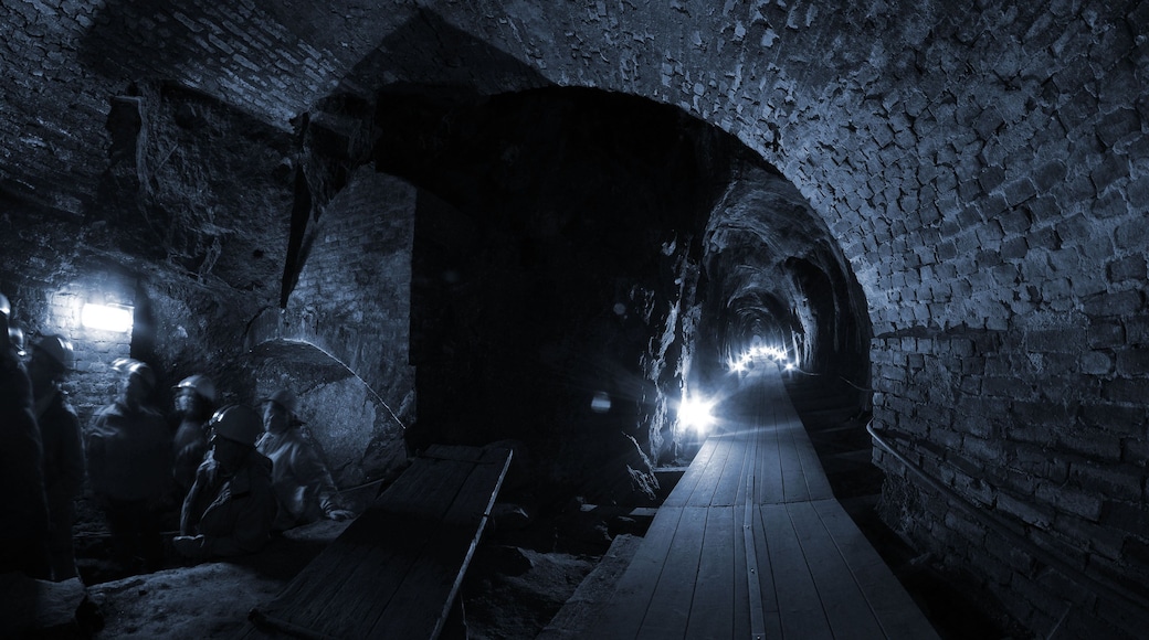 Un túnel subterráneo tenuemente iluminado, con paredes de ladrillo y tablones de madera en el suelo.