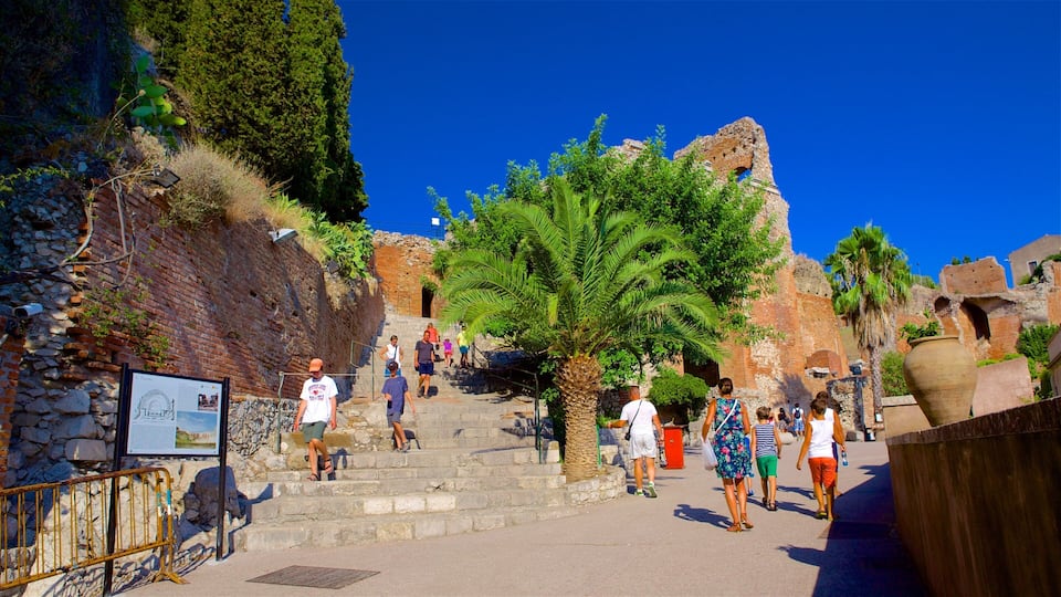 A historic site with stone steps, palm trees, and visitors.