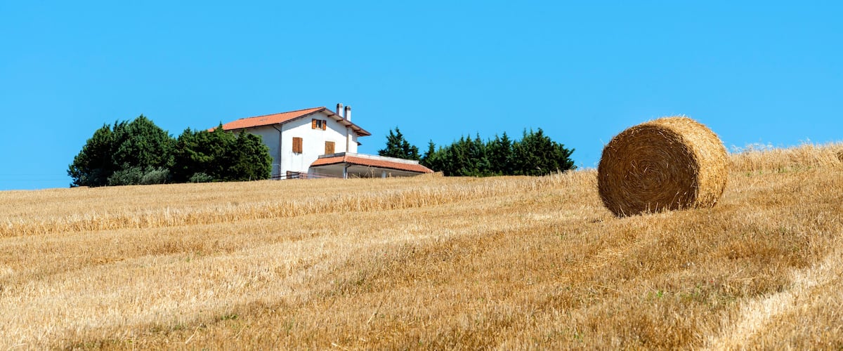 A rural landscape with a house and a hay bale.
