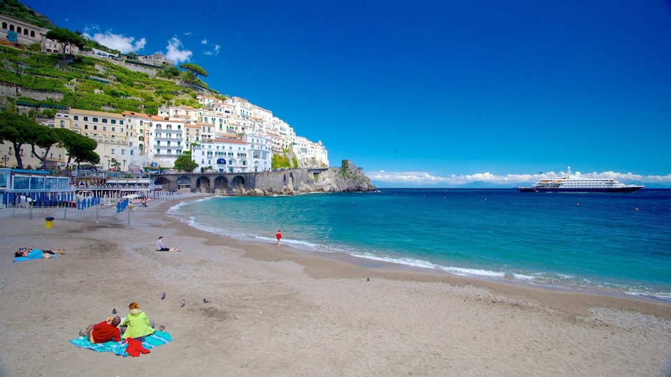 A coastal town with white buildings, a beach, and a cruise ship in the distance.