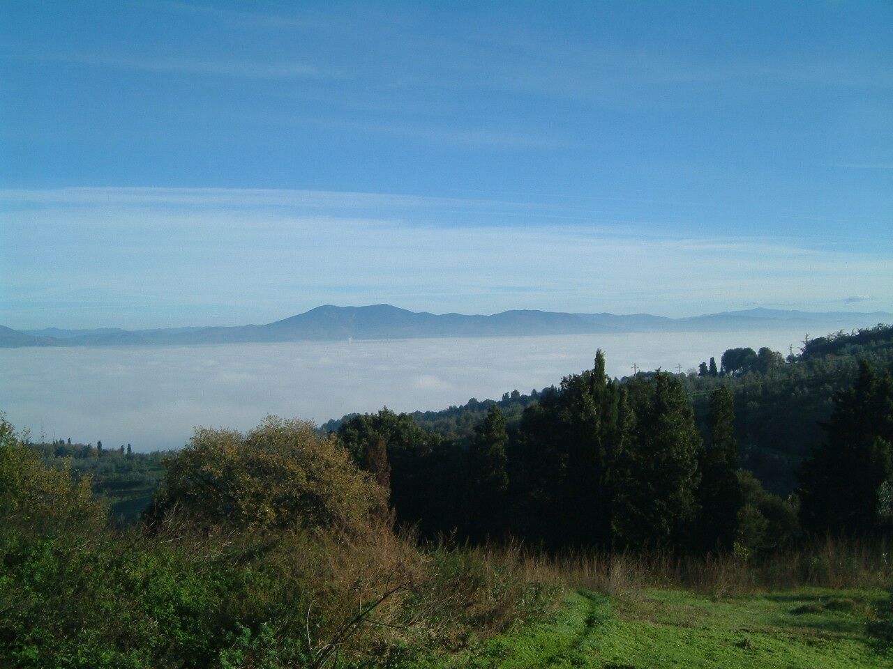 A mountainous landscape with a valley, forested hills, and a distant fog-covered mountain range.
