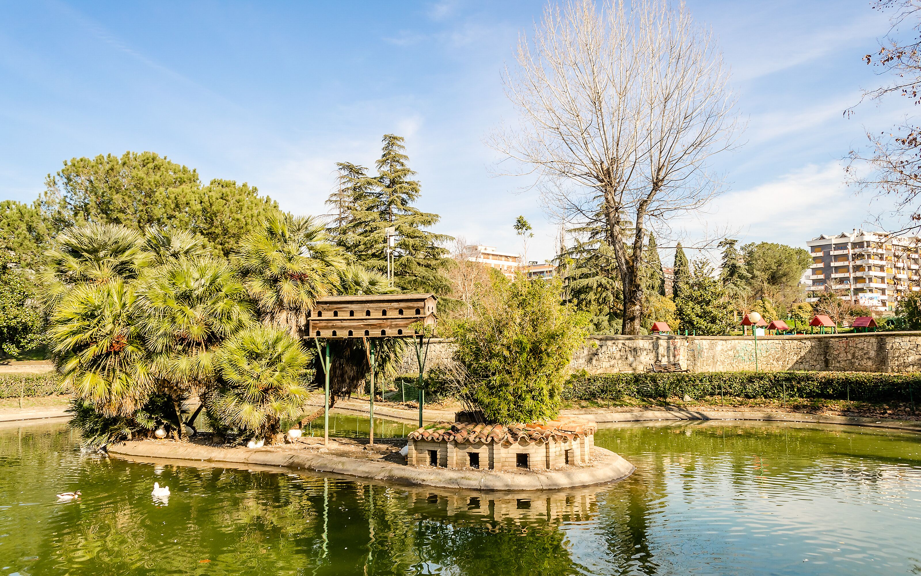 Un parque con un estanque, una estructura de madera y árboles circundantes.
