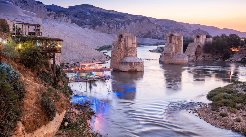 Panoramic view of the Old Tigris Bridge, Castle and minaret in the city of Hasankeyf, Turkey. Batman, Mardin Province