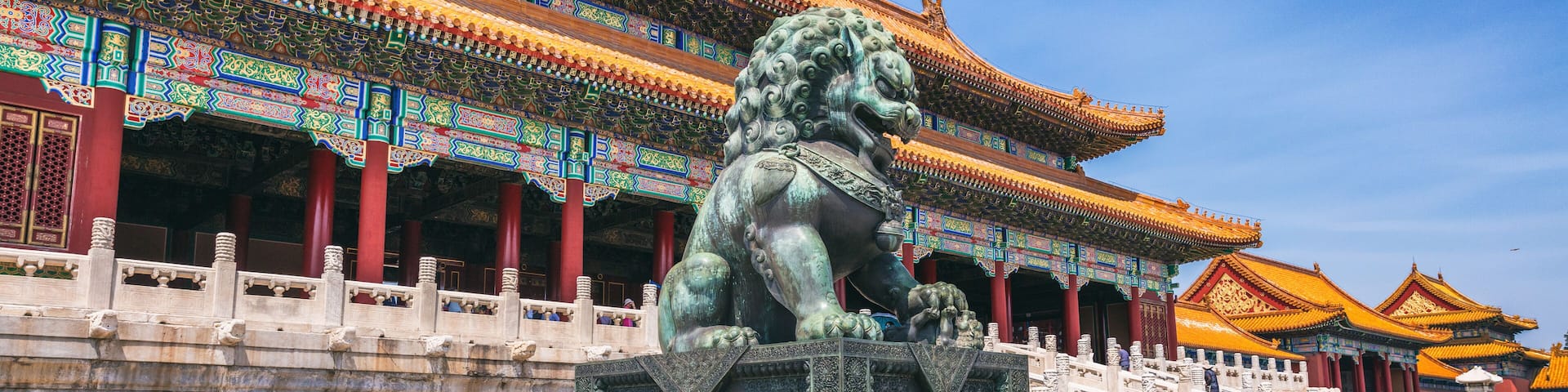 China travel banner Beijing city famous destination panorama landscape with building and lion statue.