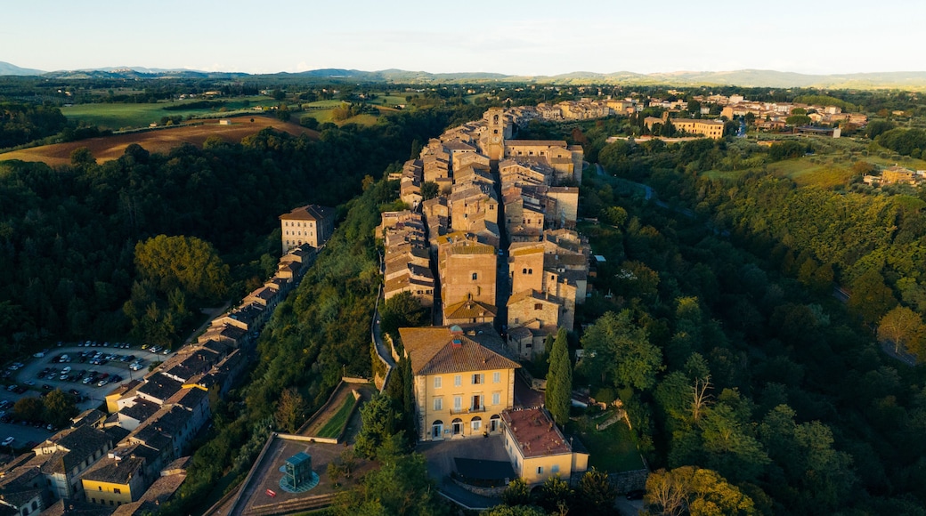 Aerial view of beautiful medieval old town with historic buildings and lush greenery, Colle di Val d'Elsa, Italy.