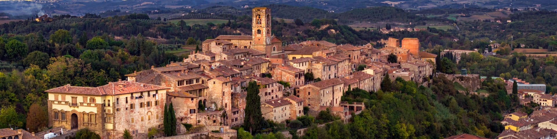 Italian toursim and scenic places. Colle di Val d'elsa- beautiful medieval town in the heart of Tuscany region in Italy between Siena and Florense,. Panoramic view over sunset