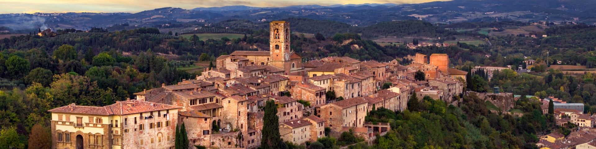 Italian toursim and scenic places. Colle di Val d'elsa- beautiful medieval town in the heart of Tuscany region in Italy between Siena and Florense,. Panoramic view over sunset